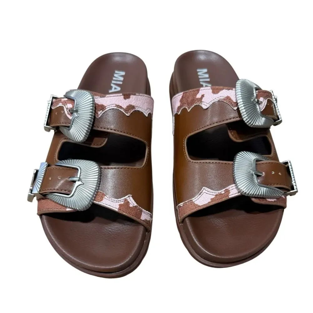 MIA Tibby Western Cow Print Double Buckle Slide Sandals Brown Pink Size 7